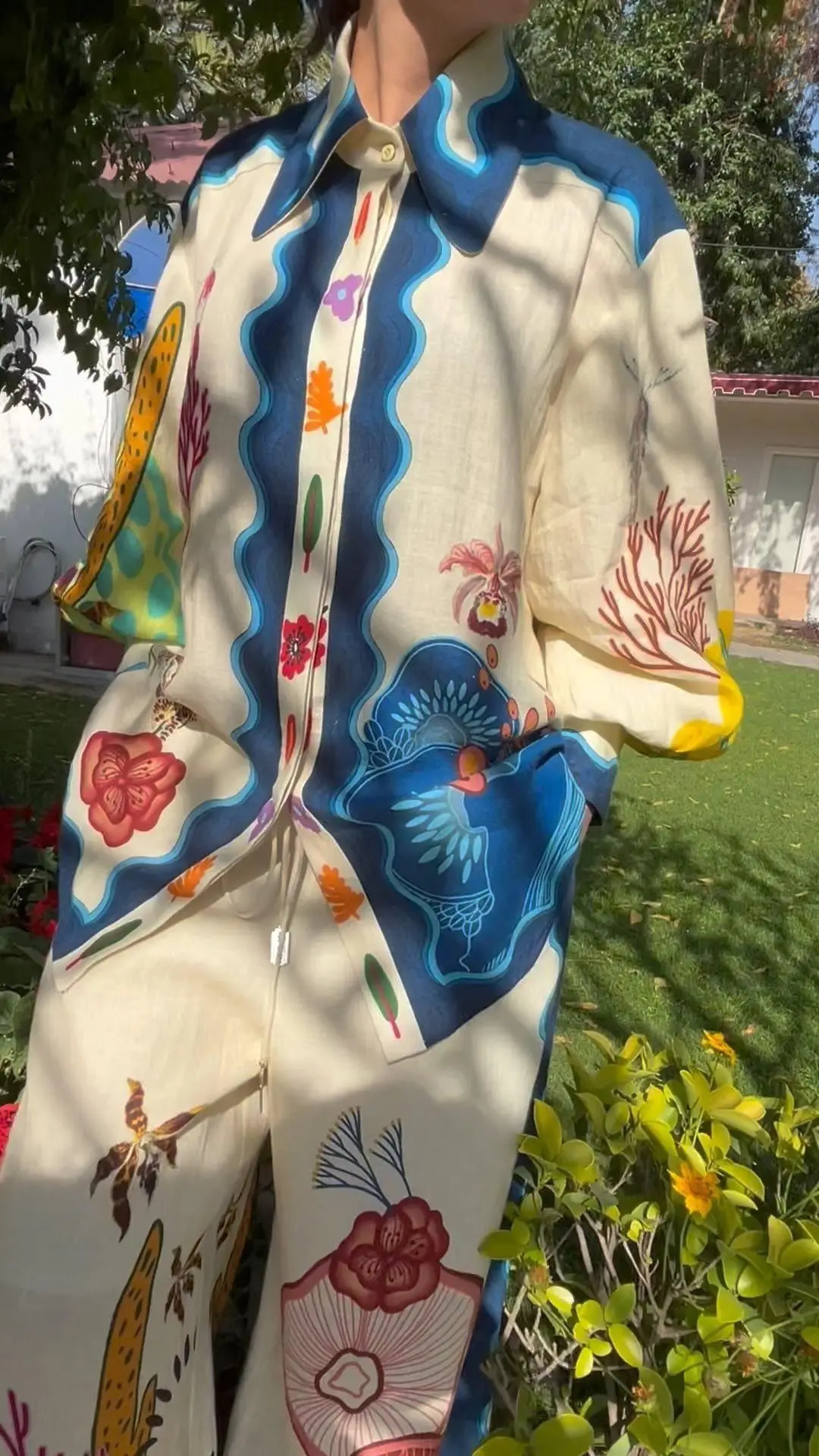 Women Casual Loose Lantern Sleeve Shirts Two Piece Sets Summer Patchwork Vintage Print Wide Leg Pants Sets Chic Women Outfits 250324