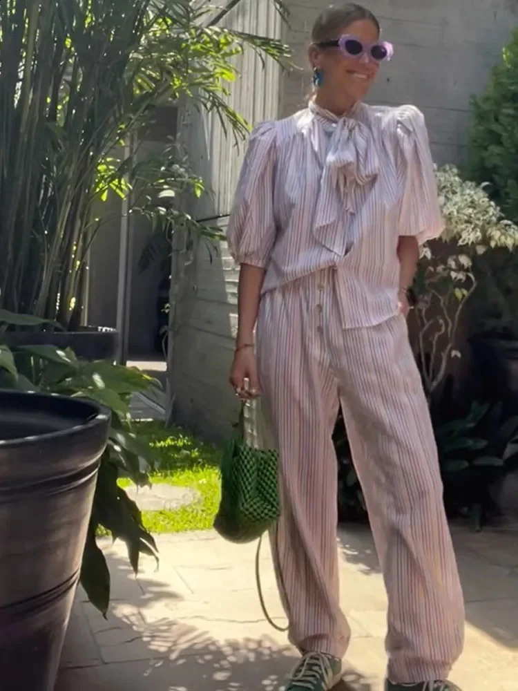 Vintage Women Colorful Stripe Lace Up Bow Shirt Pant Suit Chic Lantern Sleeve Straight Trousers Set Spring Vacation Lady Outfit 250324