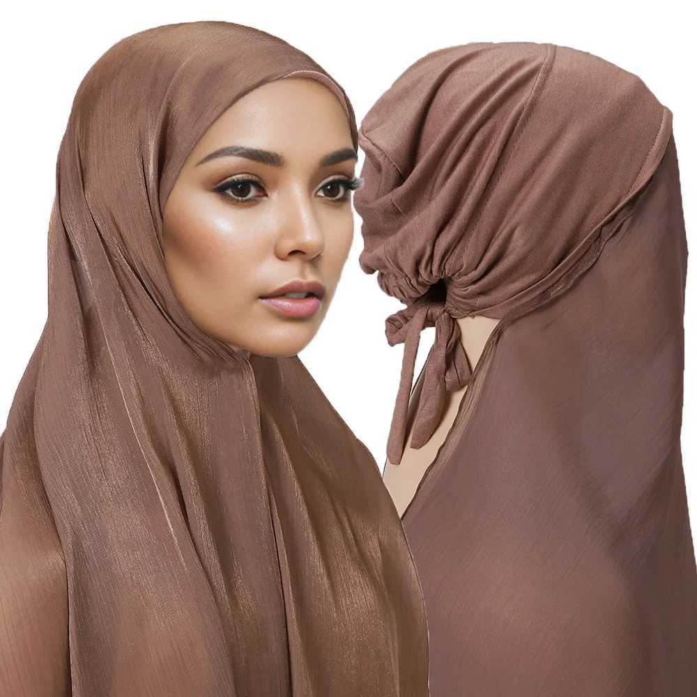 New Micro Light Silk Scarf with Jersey Bottom Inner Strap Hoodie Long Shawl Neck Cover Instant Headscarf X250324