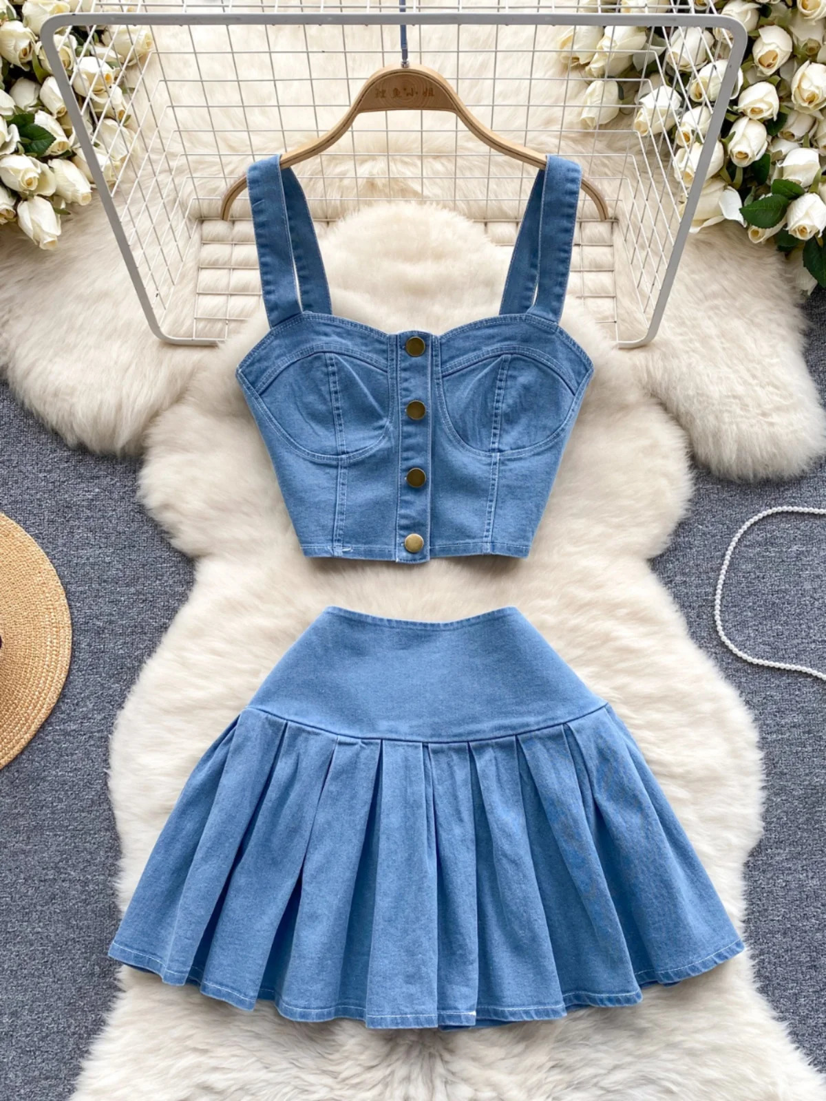 Women Blue Denim Sets Summer Sexy Single Breasted Short Strap Tops And Mini Jean Skirts Suits Ladies Clothes 250324
