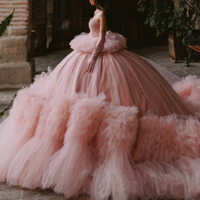 Pink Quinceanera Dresses Off Shoulder Ball Gown Sweet 16 Dress Beading Crystal Tull Tiered Birthday Party Vestidos De 15 Anos