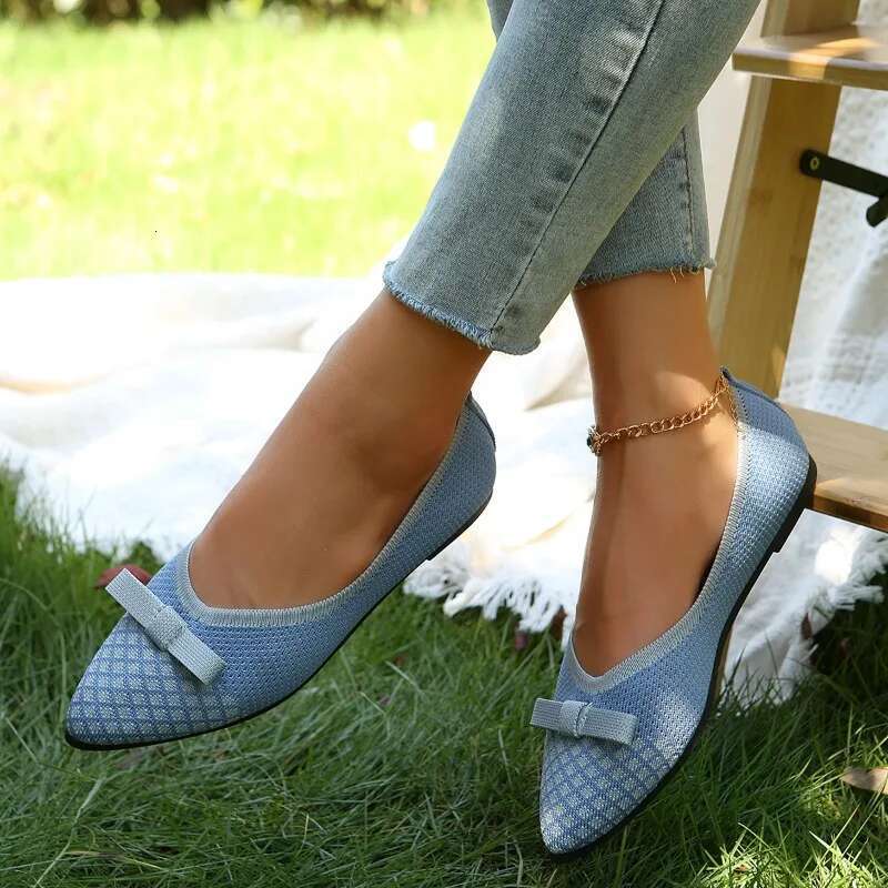 New Woman's Knitted Skateboard Breathable Comfortable Bow Style Walking Shoes Casual Toes on Flat