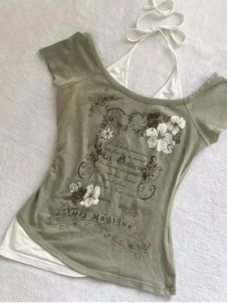 Neploe American Vintage Two Piece Halter Lace Up T-shirts Y2k Slim Fit Print Tops Women Off Shoulder Short Sleeve Tee Shirt 250324