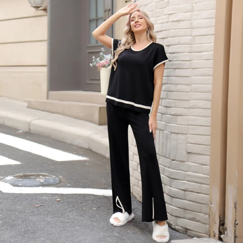 Womens Outfit Casual Chic Ladys Wide Leg Pant Set O-Neck Short Sleeve Top Loose Knitted Sweater Matching Pullover Trousers 250324