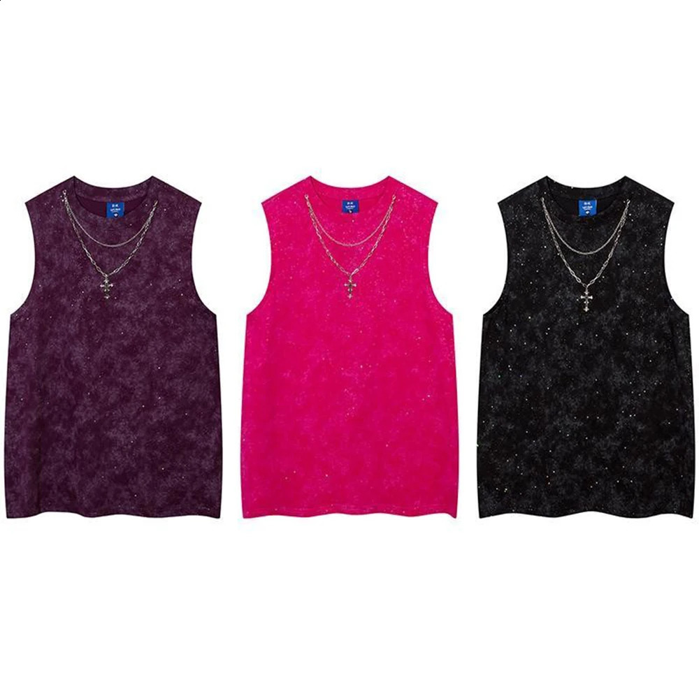 Mens Vest Shiny Night Sky Casual Tank Top Nightclub Streetwear Fashion Stage Performances Niche Cross Top Mens Clothing 250321