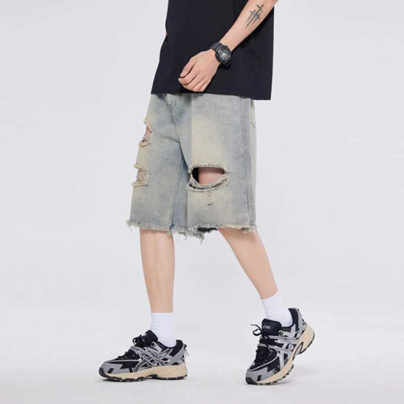 New Summer Straight Ripped Mens Baggy Jeans with Holes Korean Fashion Casual Loose Denim Shorts Male Streetwear Y2k Clothing T250603