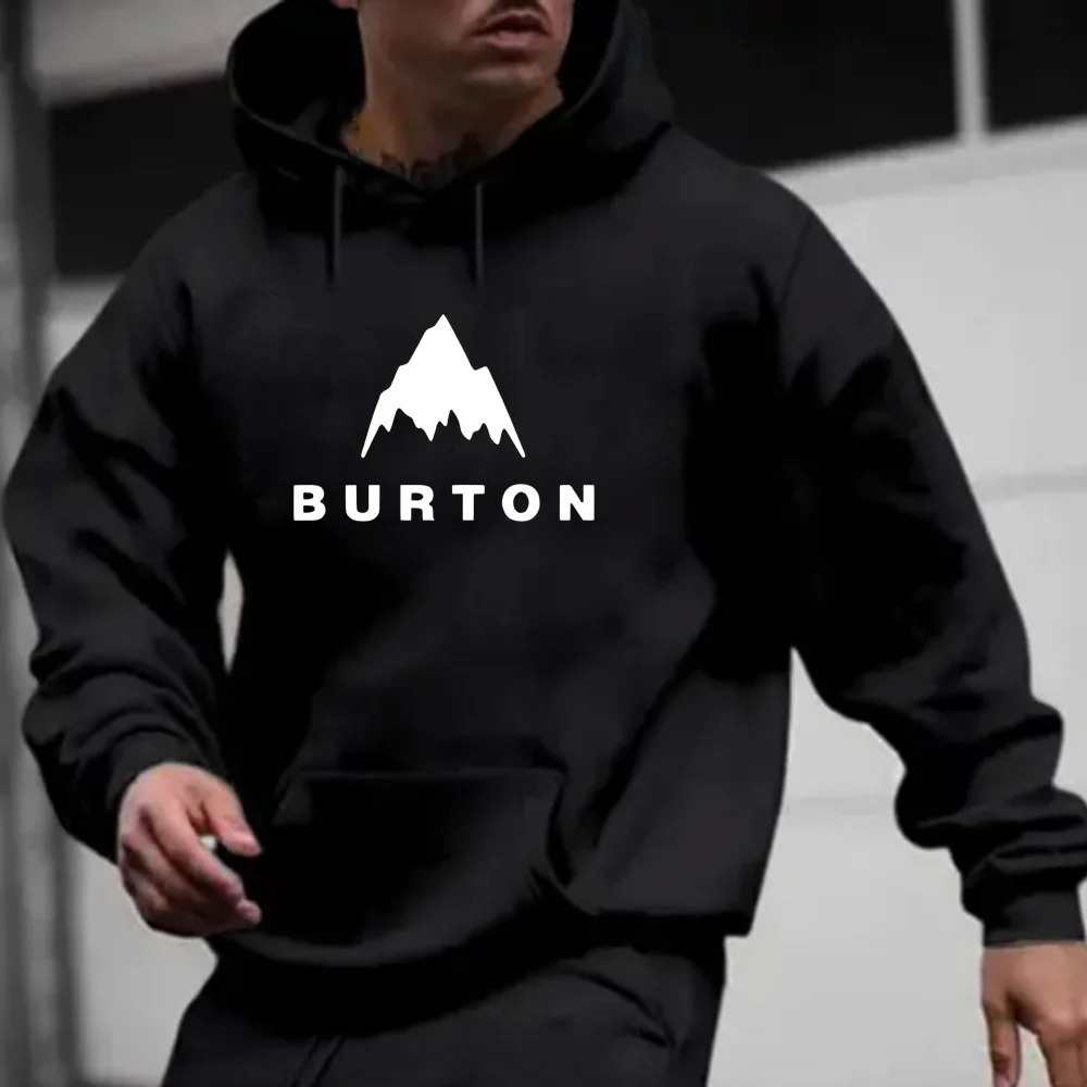 Burton Letter Mountain Shadow Printed Mens Long Sleeve Hoodie with Kangaroo Pocket and Brushed Fashion AutumnWinter Casual 250318