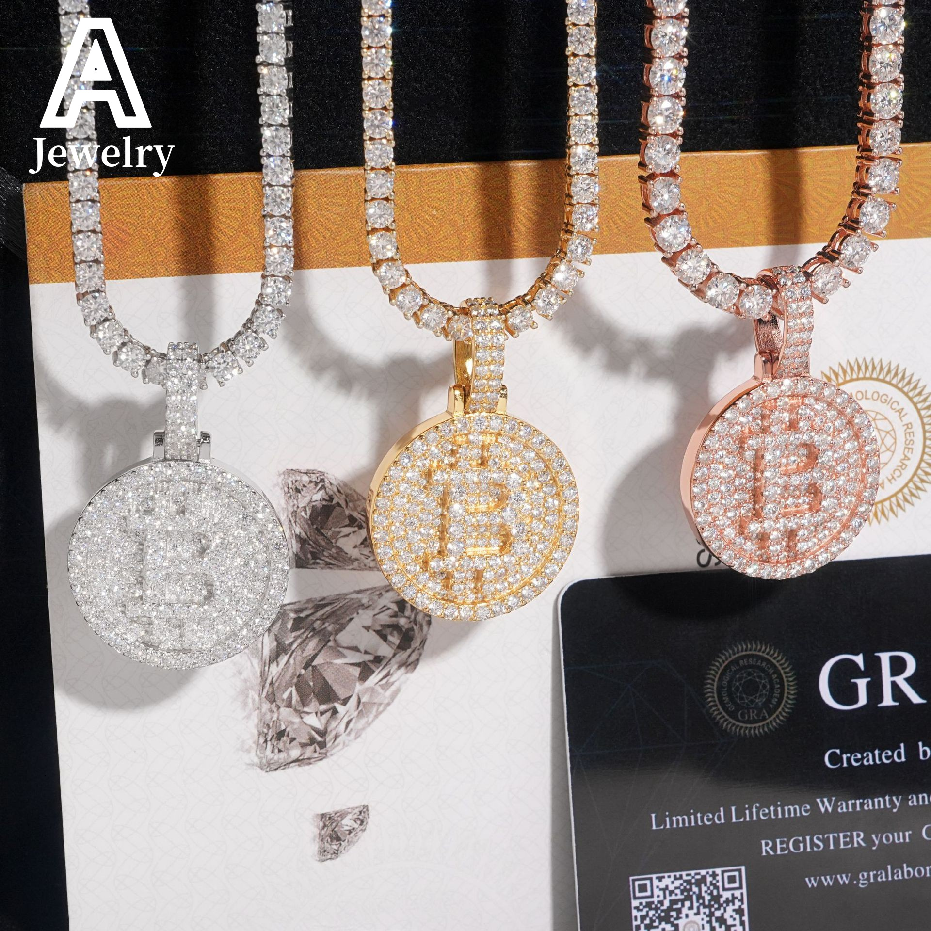 Iced out jewelry sterling silver B coin moissanite pendant custom design 25mm round shape mioissanite pendants