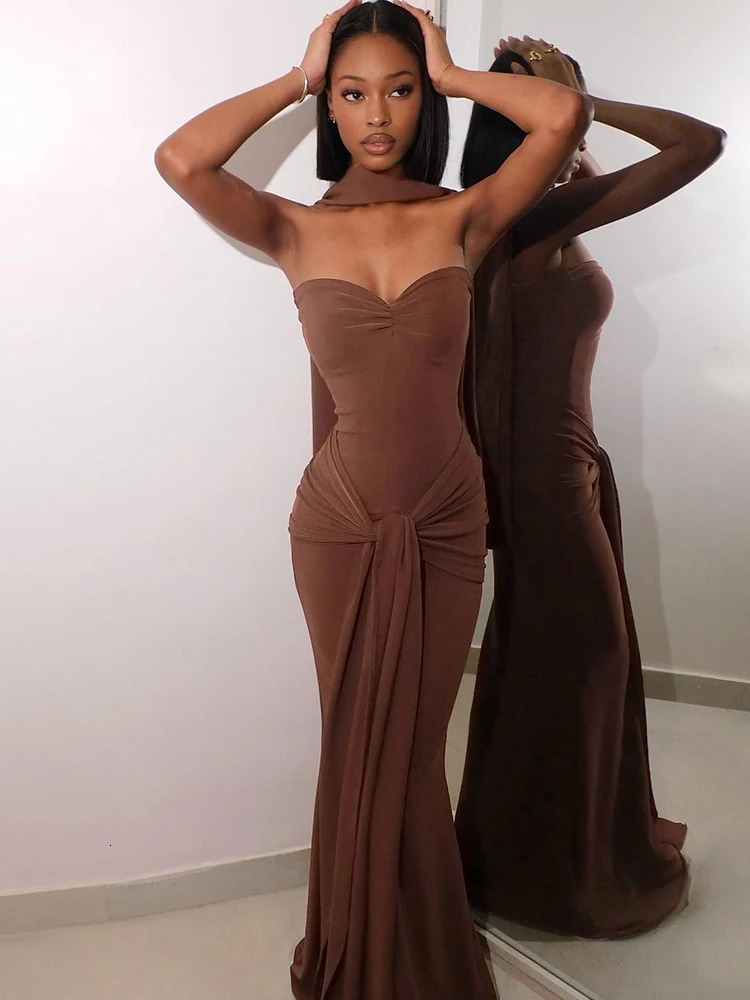 Weird Puss Elegant Strapless Dress Women Solid ScarfBackless Cross Knot Tassel Trend Prom Party CLassic Outfits 250320