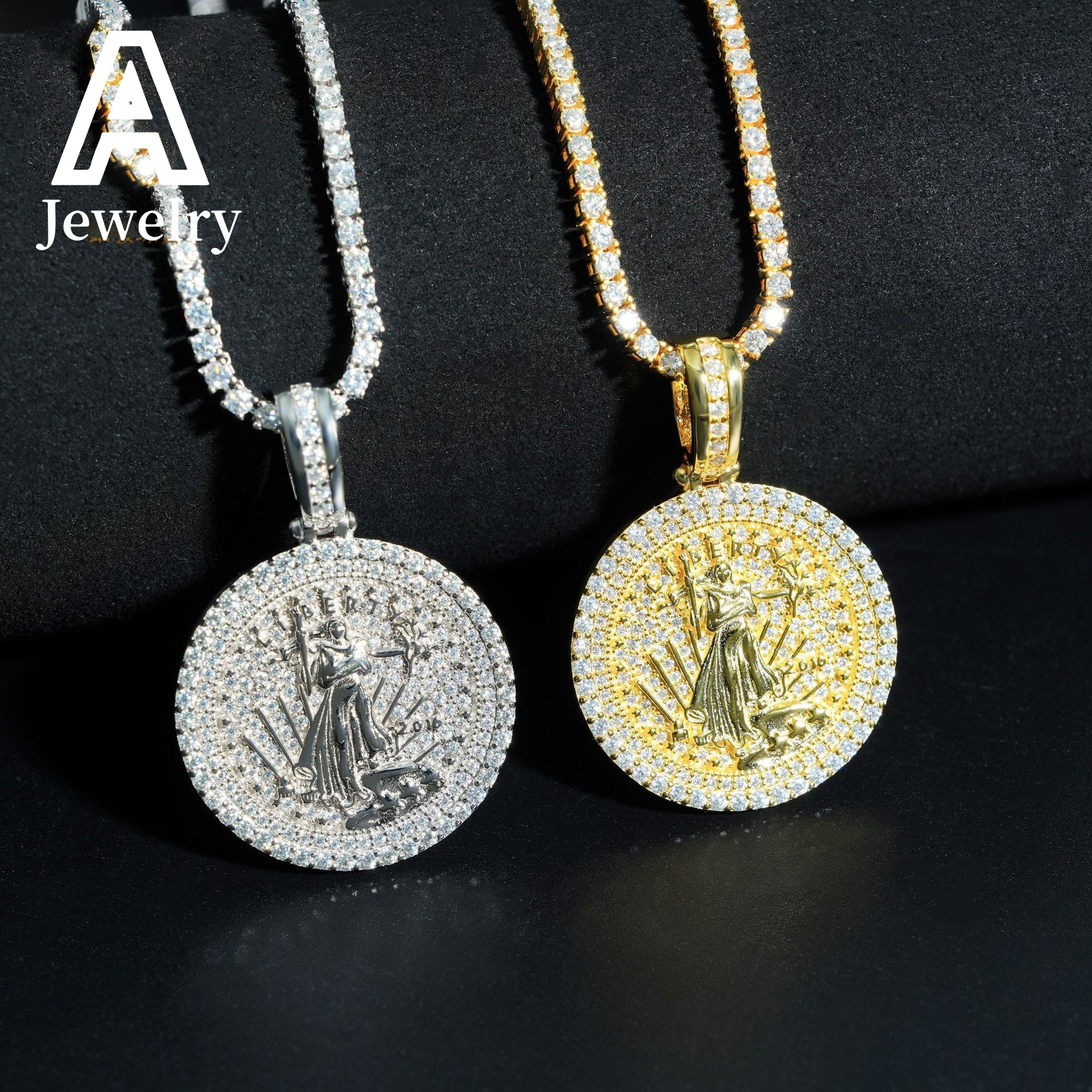 Fashion Ready Made Free Chain Gold Coin Pendant Lady Liberty Goddess Manufacturers 925 Moissanite Hip Hop Gifts Idea
