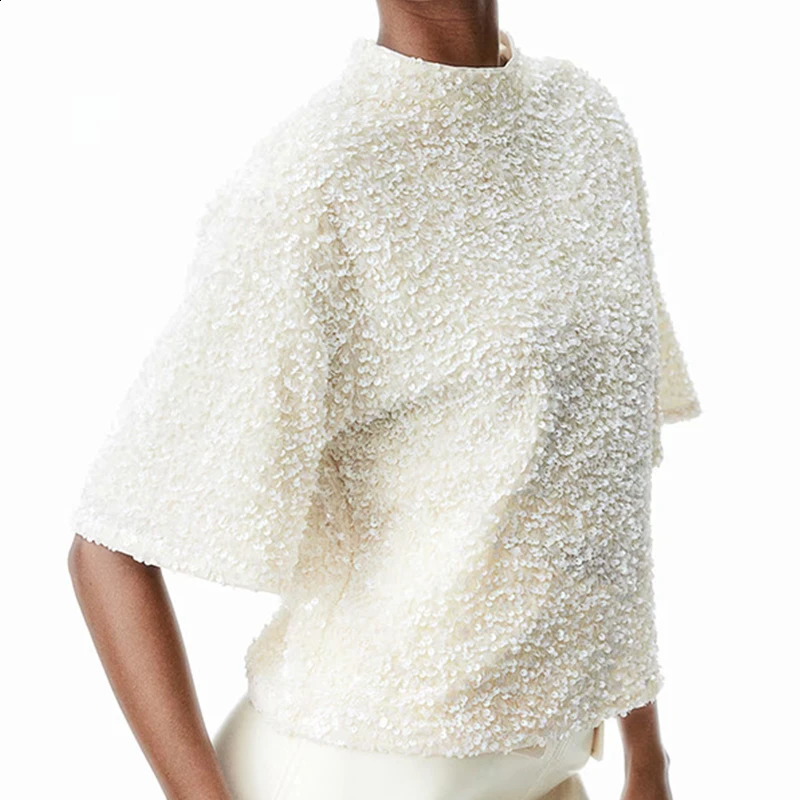 2025 Velvet Sequin Solid Color Club Party Shirt Elegant Loose Commuting Top Spring Summer O-neck Short Sleeved Womens Pullover 250324