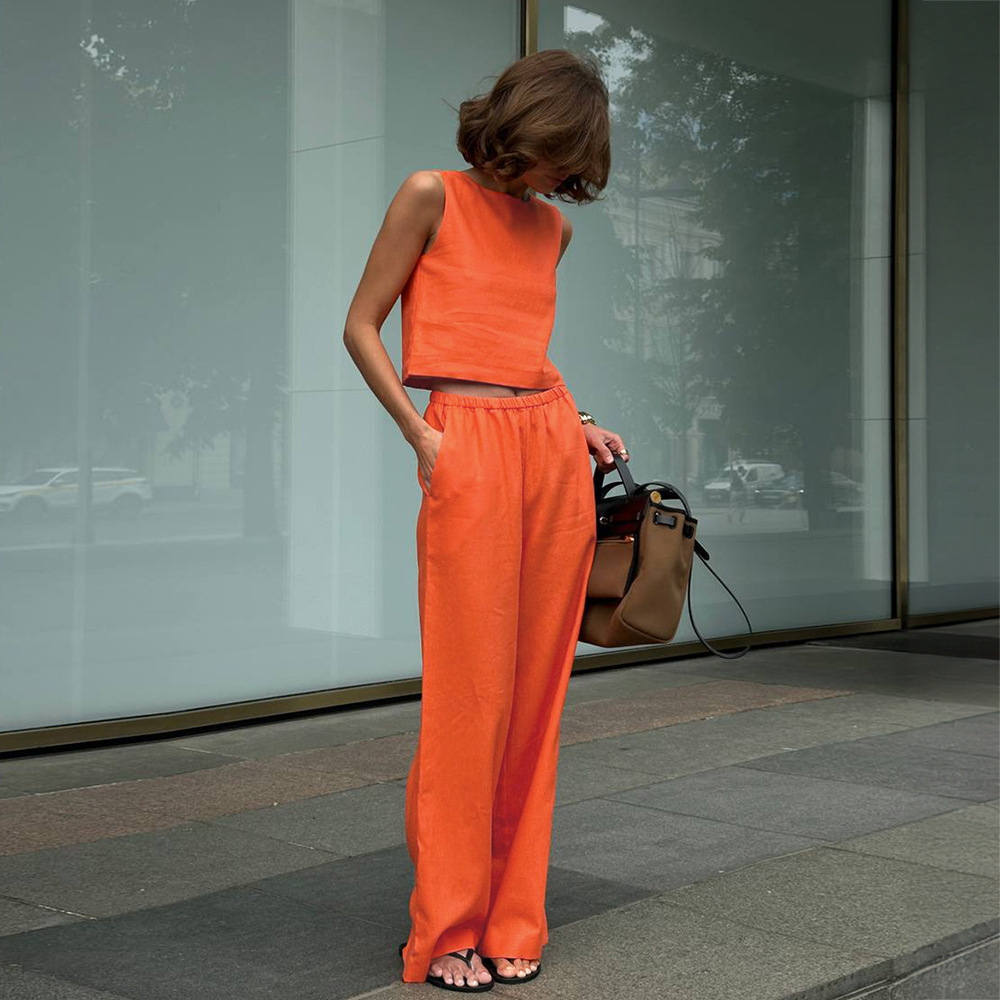 Cotton and linen spring/summer 2025 new sleeveless short top+wide leg pants set for women