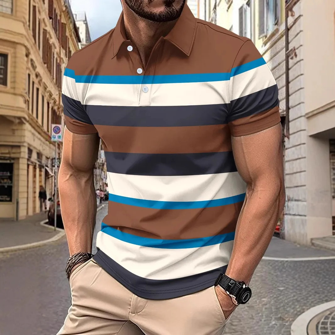 2025 summer Europe and the United States mens casual POLO shirt Vneck button stripe Tshirt 250311