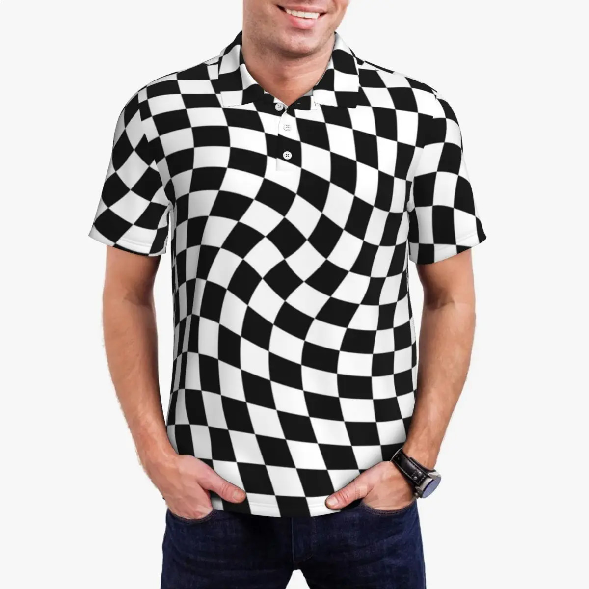Solid color checkered polo shirt mens black and white casual retro collar Tshirt short sleeved oversized top 250321