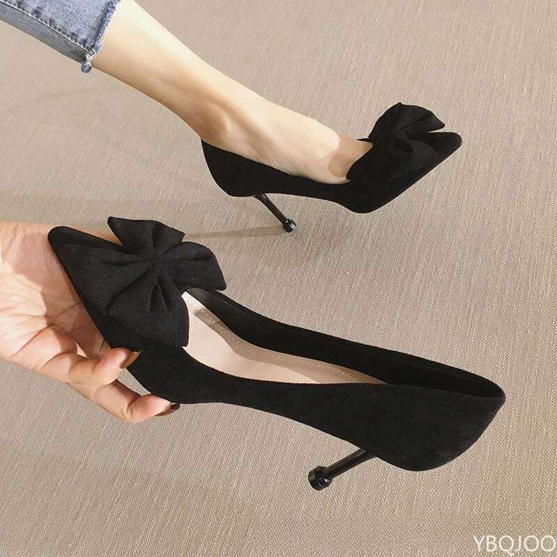 Women's trendy new Shoes Fashion bow tie slim high heels Sexy black Elegant shoes Fairy style comfort ladies pumps atos Mujer