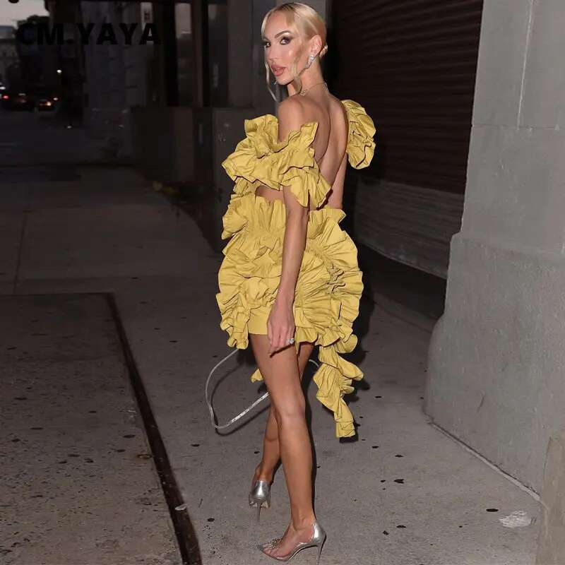 Cm.Yaya Women Edible Tree Fungus Tierred Low Asymmetrical Ball Gown Dress 2023 Sexy Club Party Evening High Street Dresses