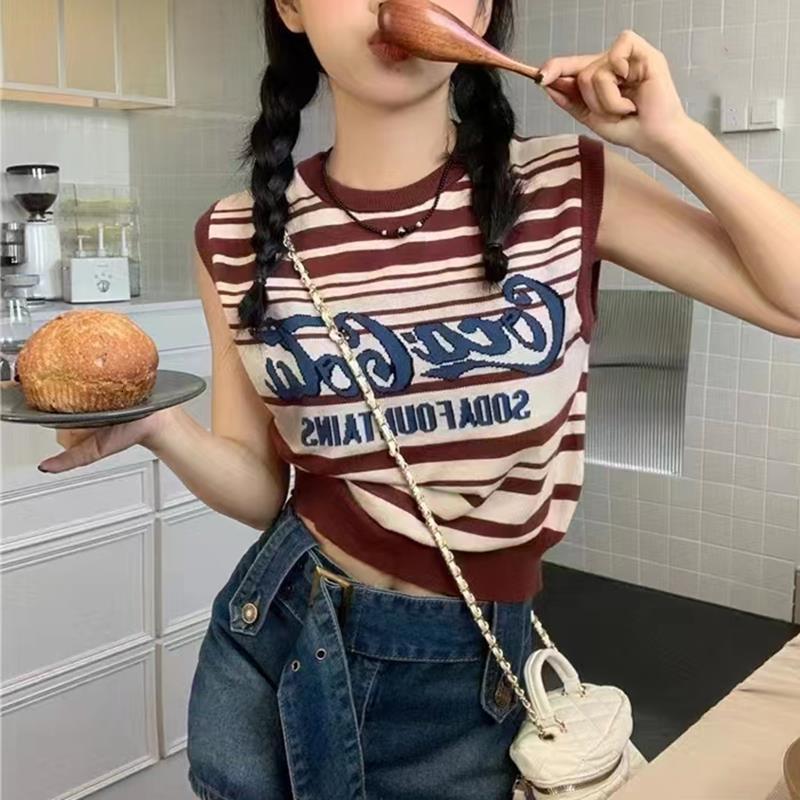 Ins Shoulder Knitted Small Camisole Vest Women's Summer French Short Sleeveless Outerwear