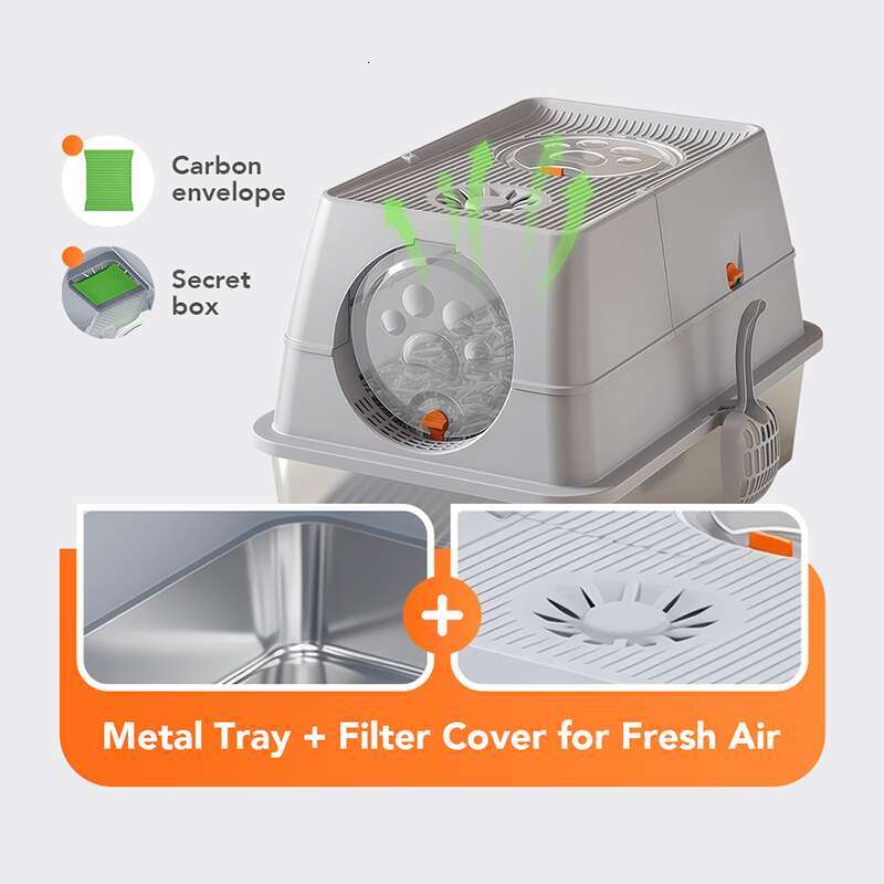 Stainless Steel Litter Box with Dog-Proof Hooded with Filter Lid & Scoop for Low Tracking Enclosed Cat Litter Boxes for Anti-Leakage Metal Litter Pan