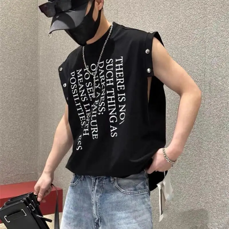 Mens letter printed loose vest metal button fitness vest top mens muscle sleeveless sports vest breathable sports vest 250321