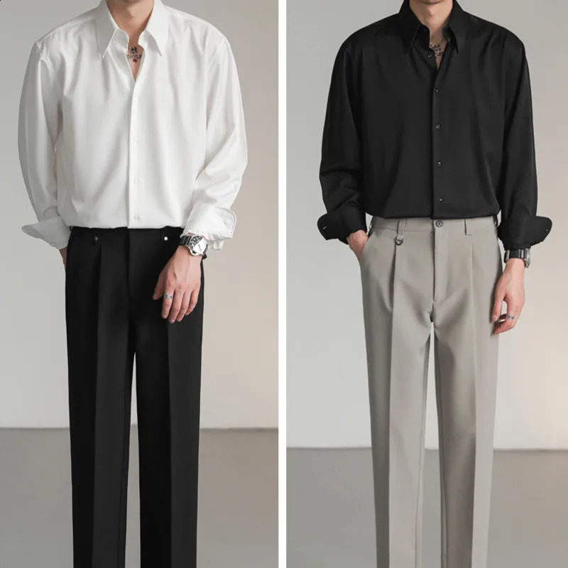 Black White Shirt Men Fashion Social Mens Dress Shirt Korean Loose Long Sleeved Shirt Mens Office Formal Shirts Ice Silk M-2XL 250319
