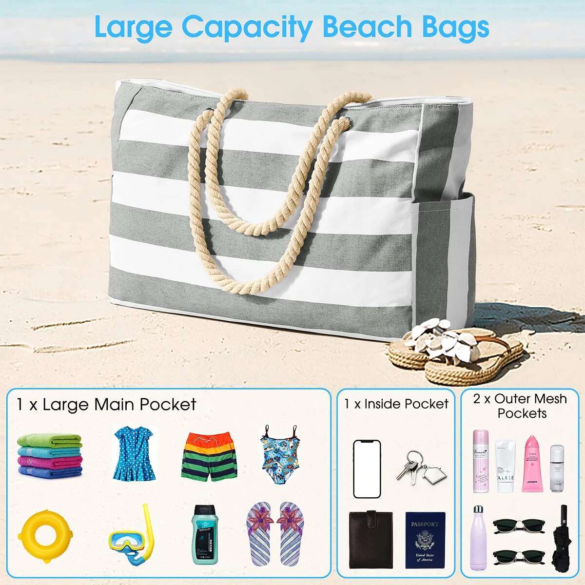Striped Zipper Outer Bag For Outdoor Travel And Vacation, Waterproond Sand Resistant Canvas, Convenient Folding Beach Bag-Zmt