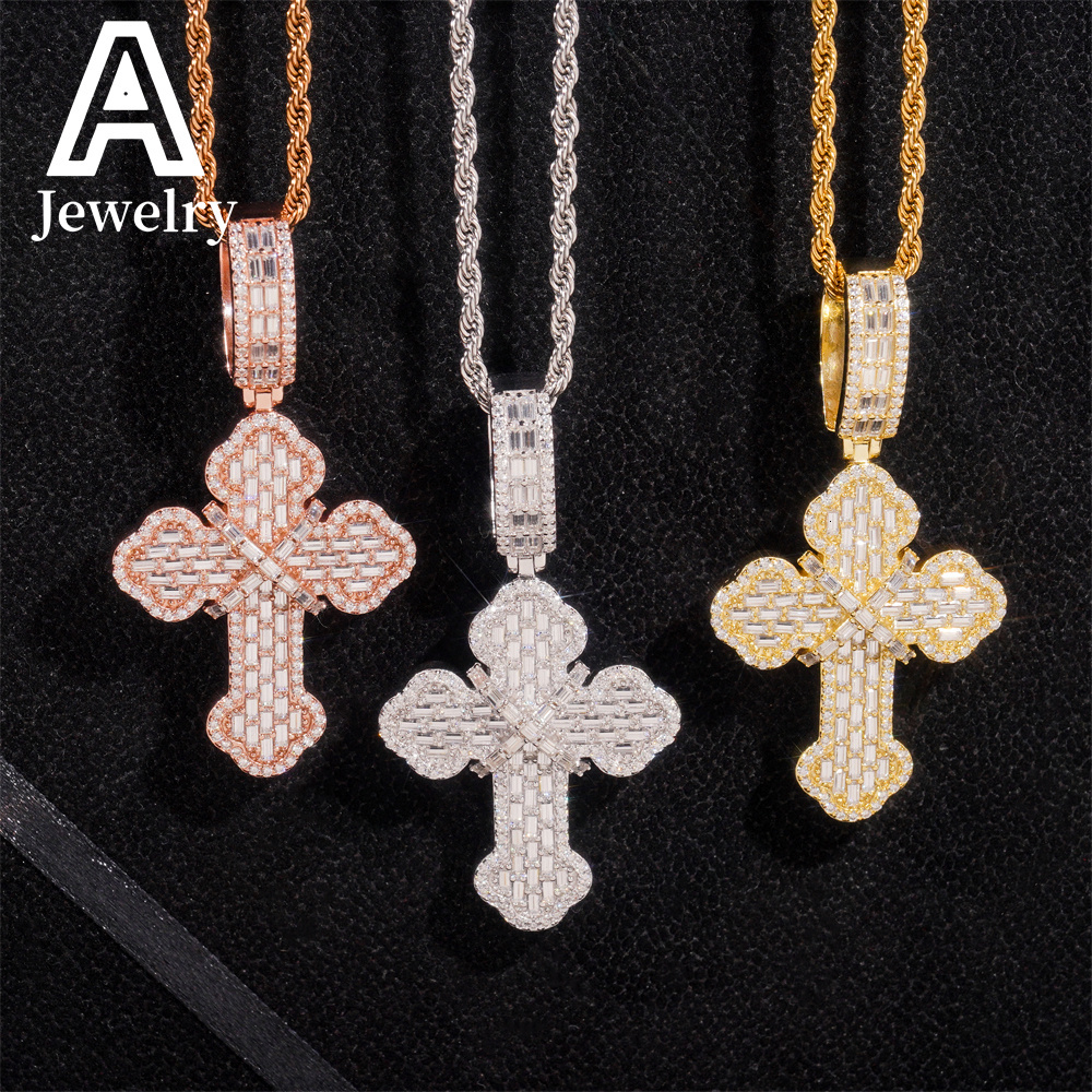 New Arrivals Hip Hop Jewelry Cross Pendant 925 Silver Baguette VVS Moissanite Cross Charm Pendants