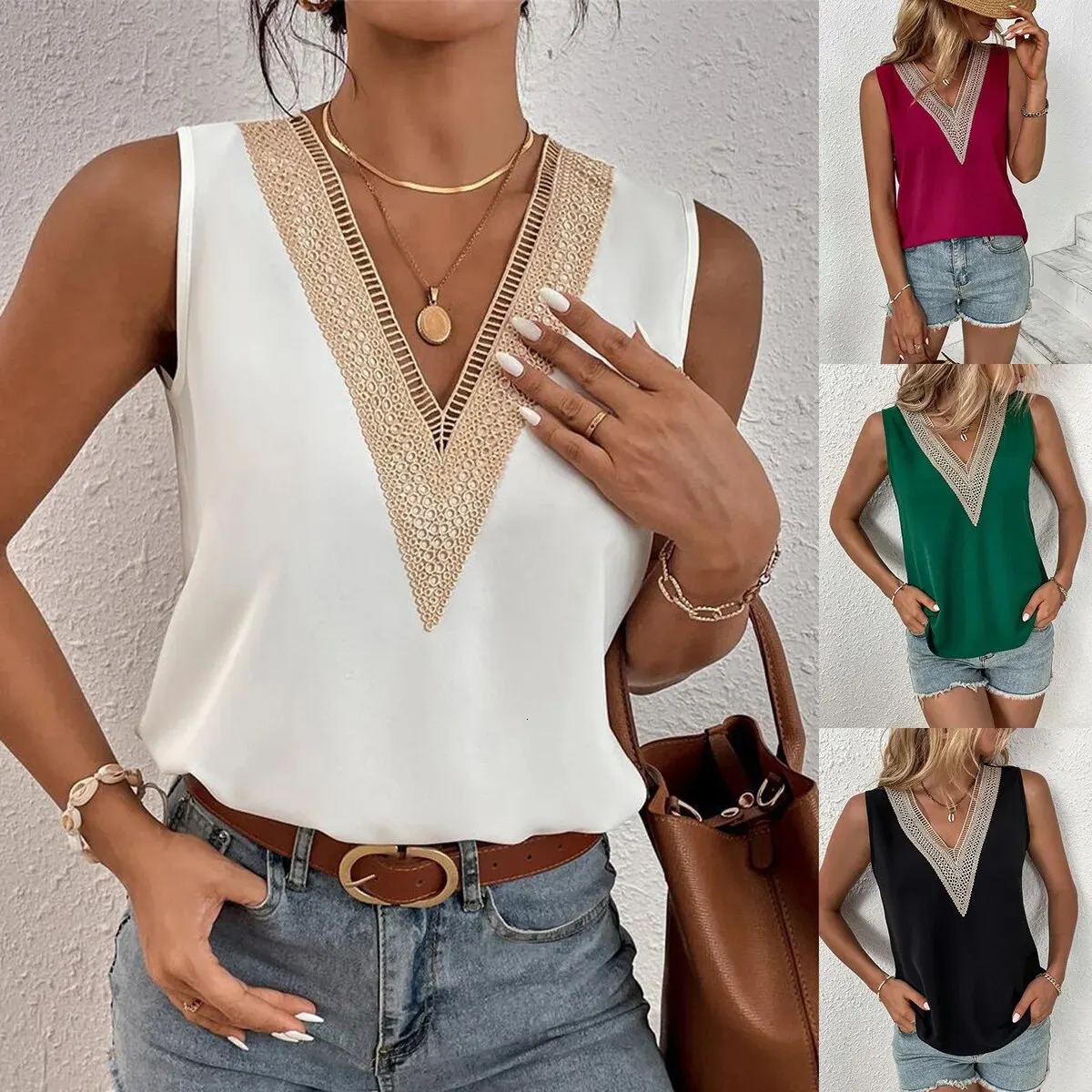 Sleeveless V-neck lace workwear womens loose hollow summer T-shirt casual streetwear Tsnk top 250318