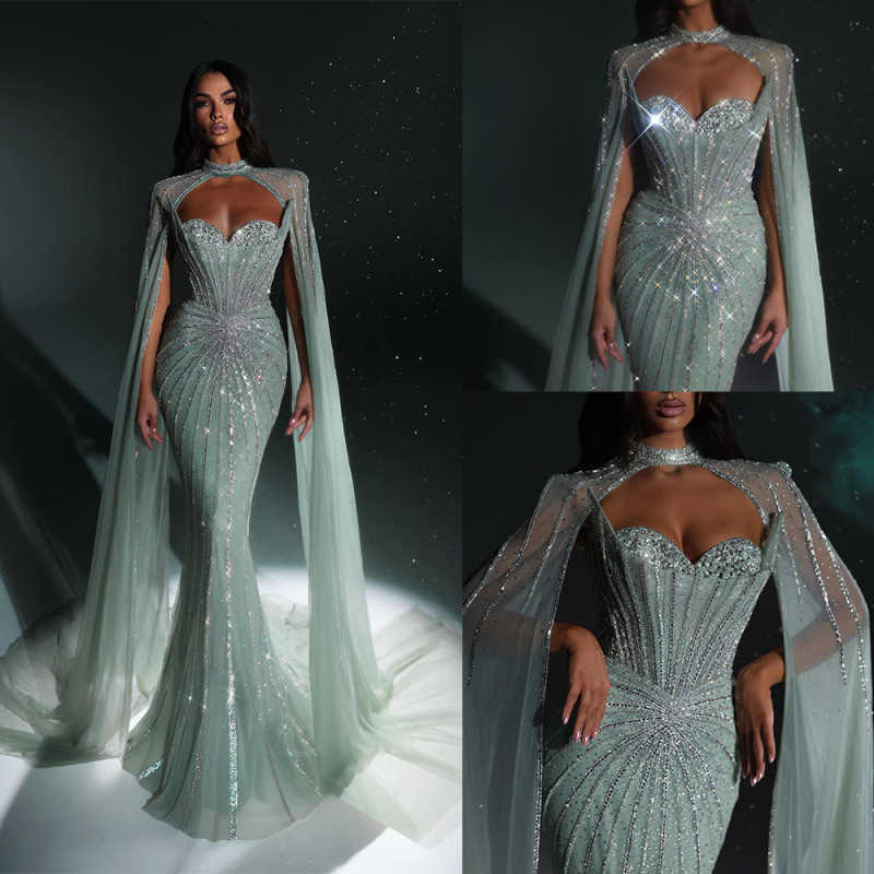 Fashion Evening Dresses Sweetheart Neck Cap Sleeves Gown Sequins Crystal Backless Sweep Train Party Customized Dress
