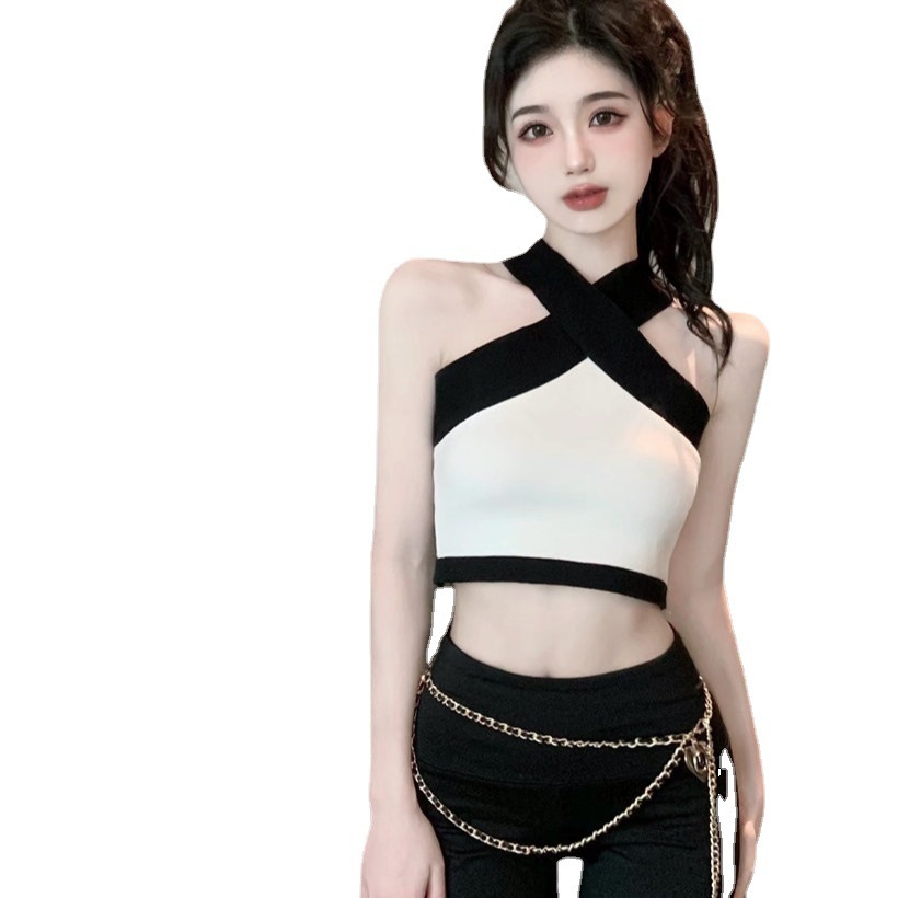 Pure Desire Uniqueness, Sweet And Spicy Girl Sexy Short Necked Tank Wearing Contrasting Color Exposed Navel Sleeveless Top For Women Instagram Trend