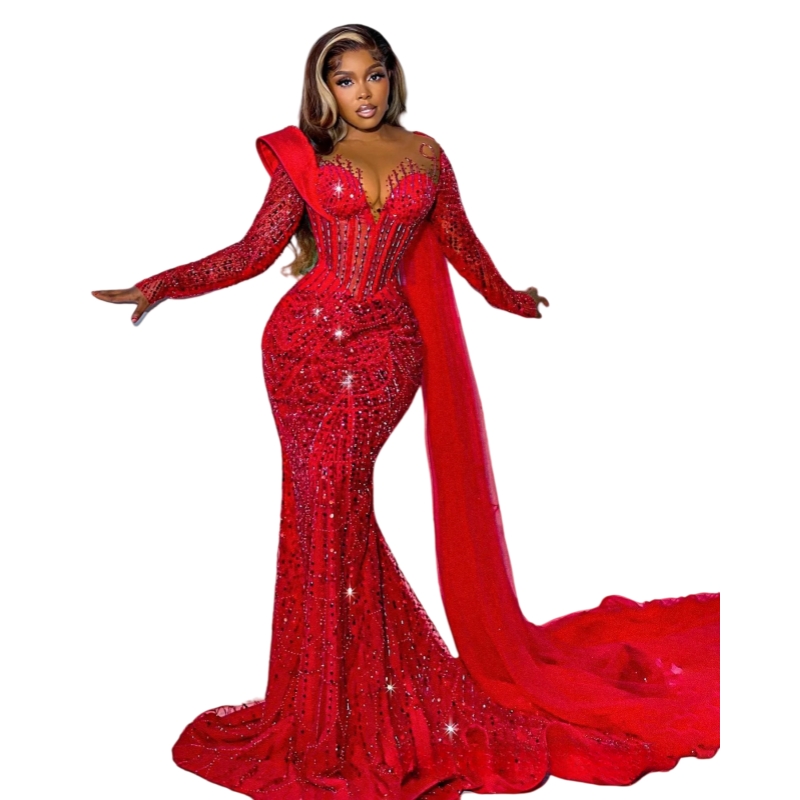 Luxurious Red Sequined Mermaid Evening Dresses Long Sleeves Corset Prom Dress Beaded Arabic Aso Ebi Lace Reception Dress 2025 Black Girls Pageant Gown