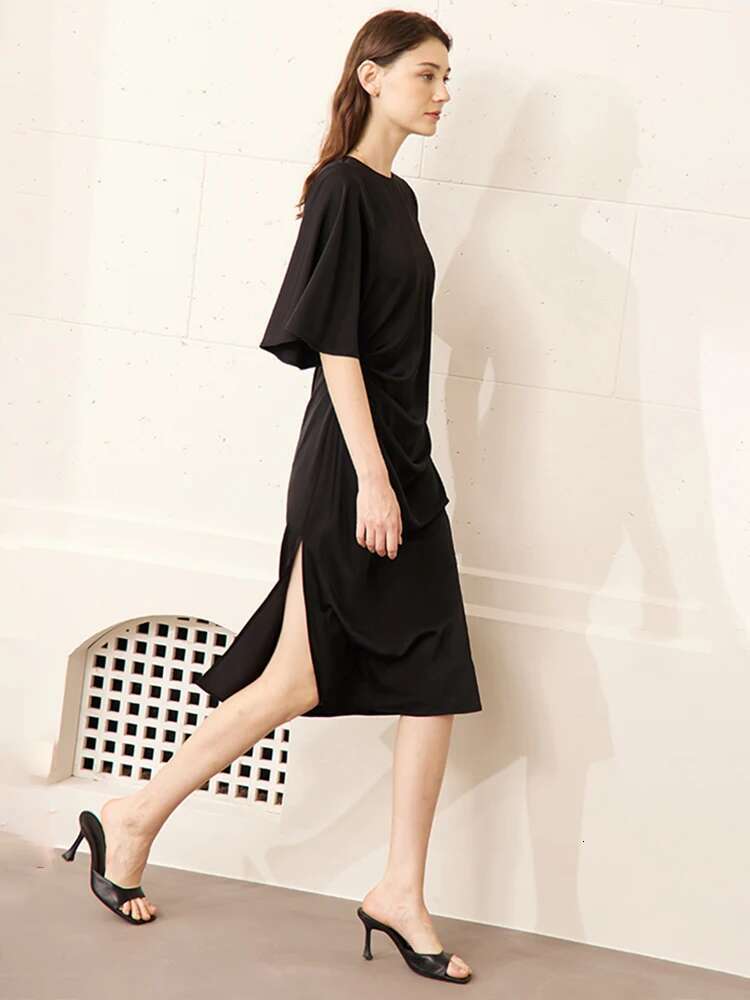 AMII Minimalism 2023 Summer New Shirring Vestidos Batwing Sleeve Pullover A e Black Chic Office Lady Women's Dress 12332006