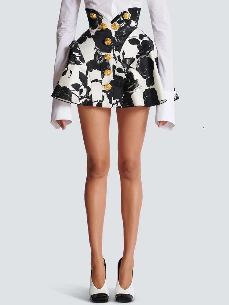 Newest Runway Designer Fashion Women's Metal Rose Buttons Printed Ral Mini Skirt