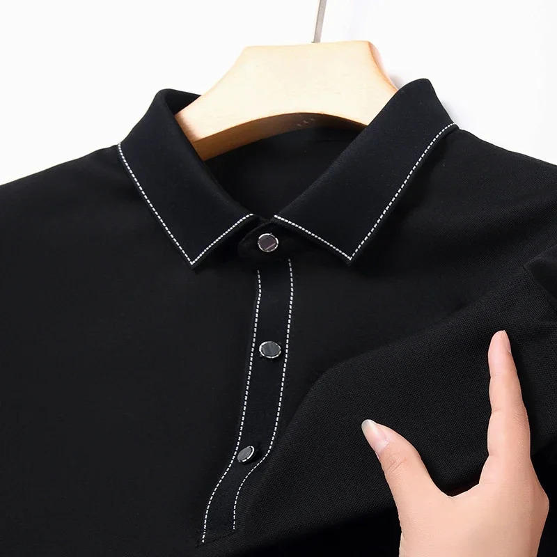 2024 Mens Solid Color Cotton Business Casual Short sleeved POLO Shirt Fashion Comfortable and Breathable Top 250312
