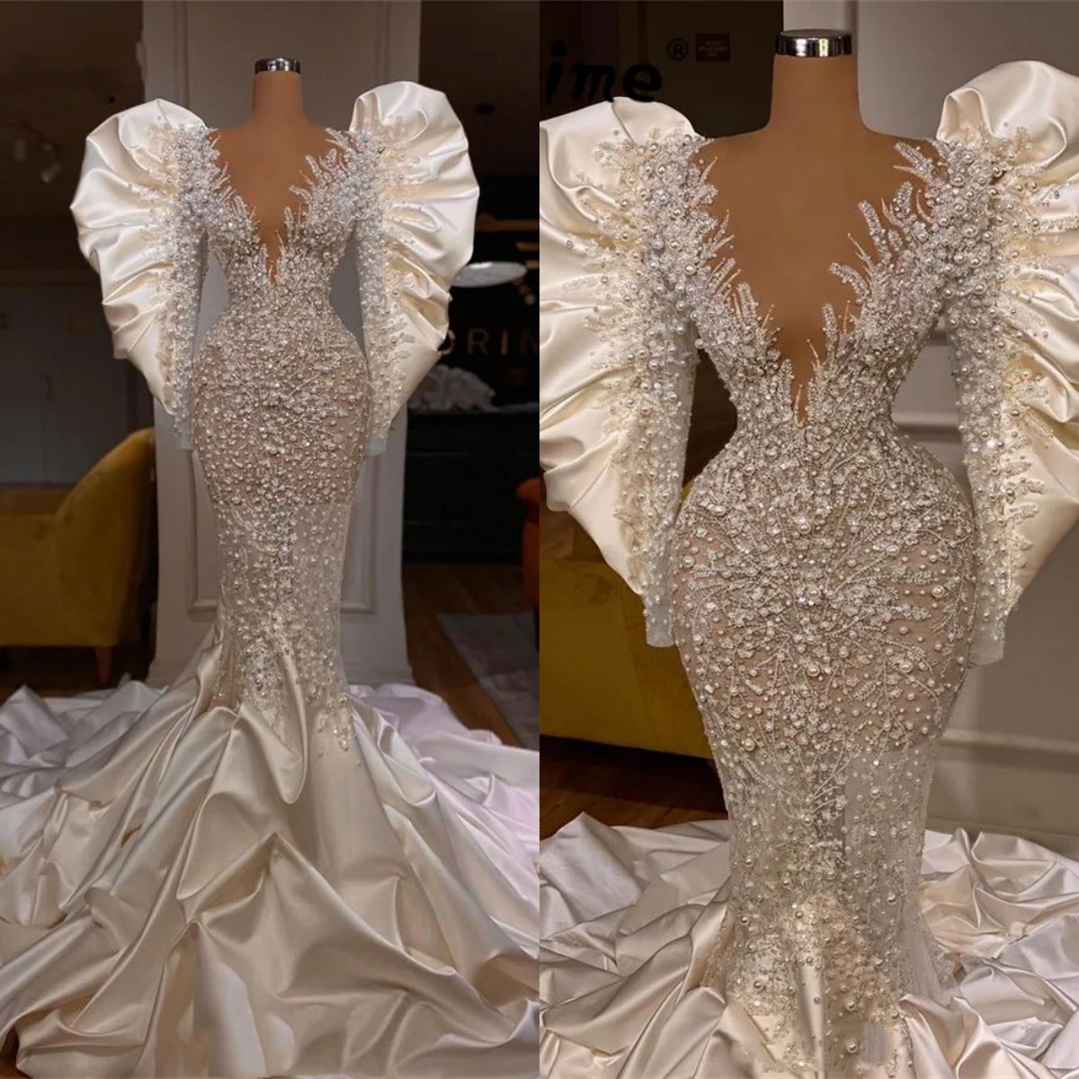 Gorgeous Mermaid Wedding Dress Sheer Neck Long Sleeves Bridal Gowns Pearls Appliques Ruffles Sweep Train Dresses Custom Made vestidos de novia
