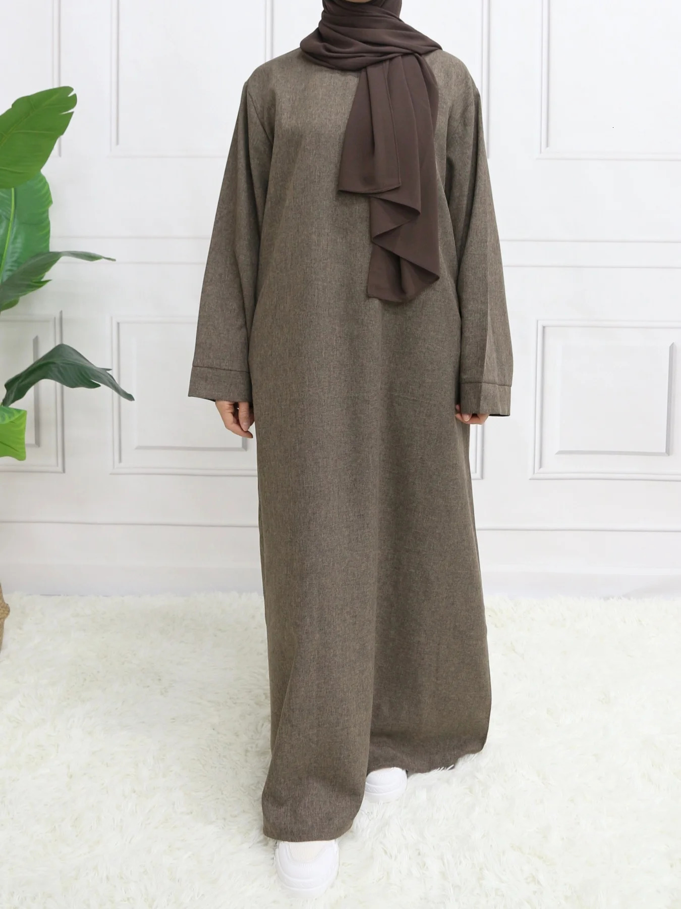 Modest Closed Plain Long Sleeve Abaya Without Hijab With Belt Basic Islamic Eid Clothes Dress 250324