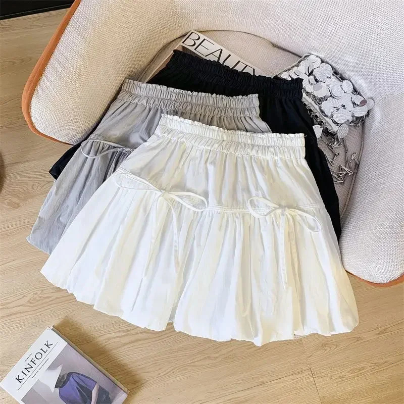 Y2K Bow White Mini Skirt for Women Cute Kawaii Pleated Fluffy Skirts Woman 2025 Summer Sweet High Wasit A-Line Streetwear Skirt 250322