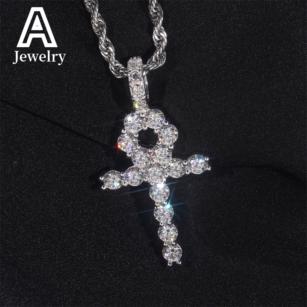 Iced out hip hop jewelry 925 silver vvs moissanite cross pendant men women 4mm circled cross charm pendants with rope chain