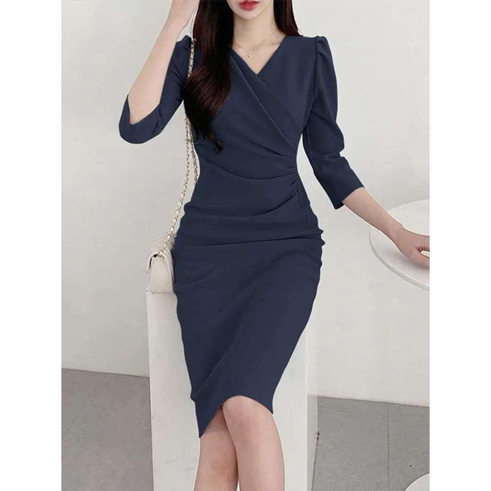 Summer Fashion Womens Dress Sexy Solid Color Knee Length Bodycon Sundress Elegant 3/4 Sleeve V-Neck Work OL Vestidos 2025