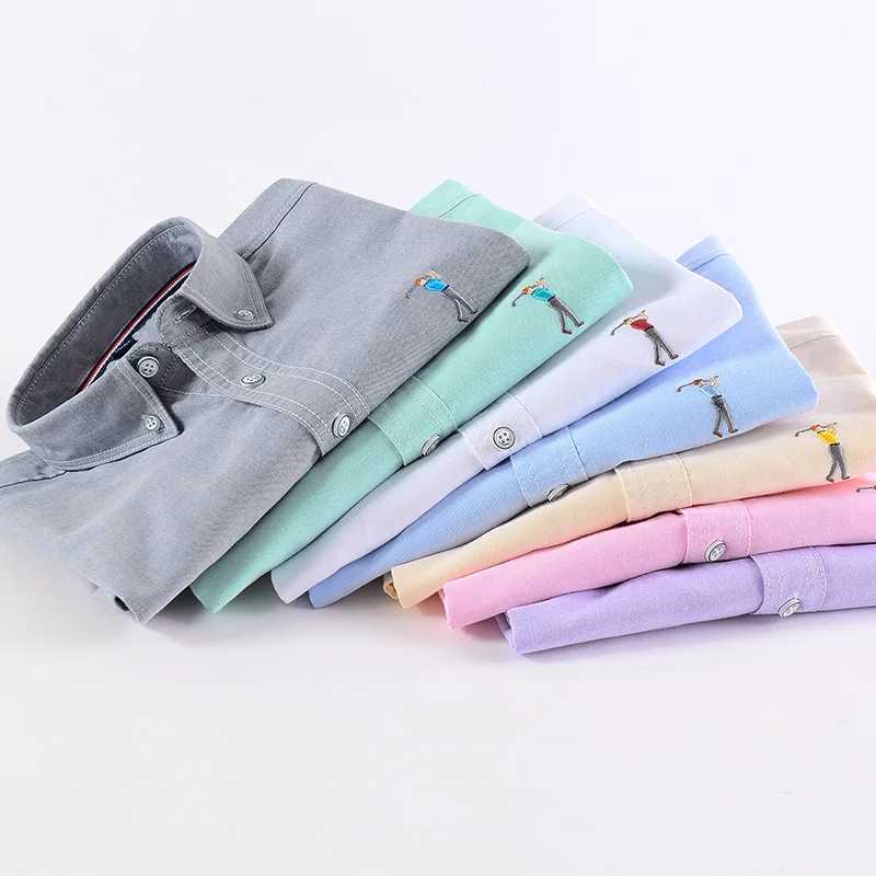 New summer short sleeved mens solid color Oxford spinning casual embroidery trend young slim fit mens short sleeved shirt X250324
