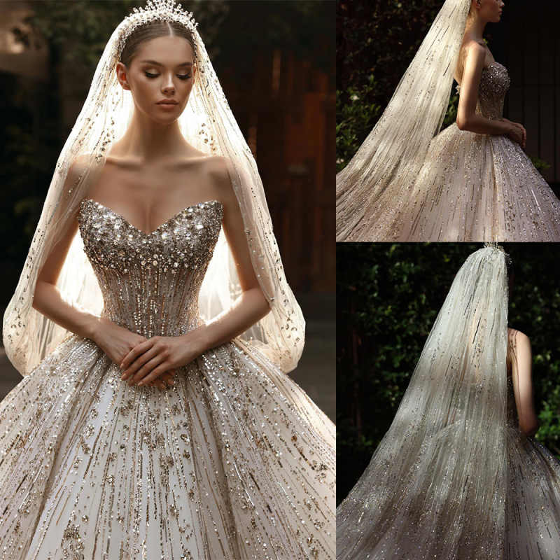 Crystals Luxury White Ball Gown Wedding Dresses With Sweetherat Full Appliques Sequins Beads Organza Bodice Bridal Gowns Chic Dubai Custom Made Vestid