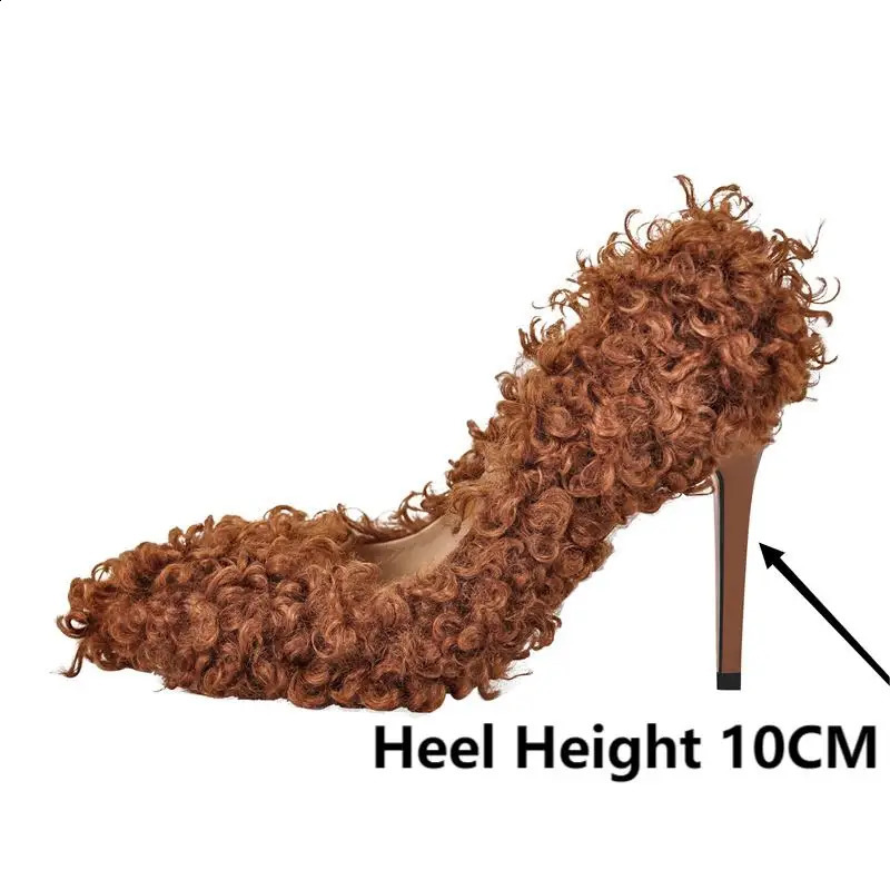 Onlymaker Women Pumps Brown Faux Fur Pointed Toe 10CM Slip-On Thin Heels Party Wedding Office Lady Big Size Shoes 250322