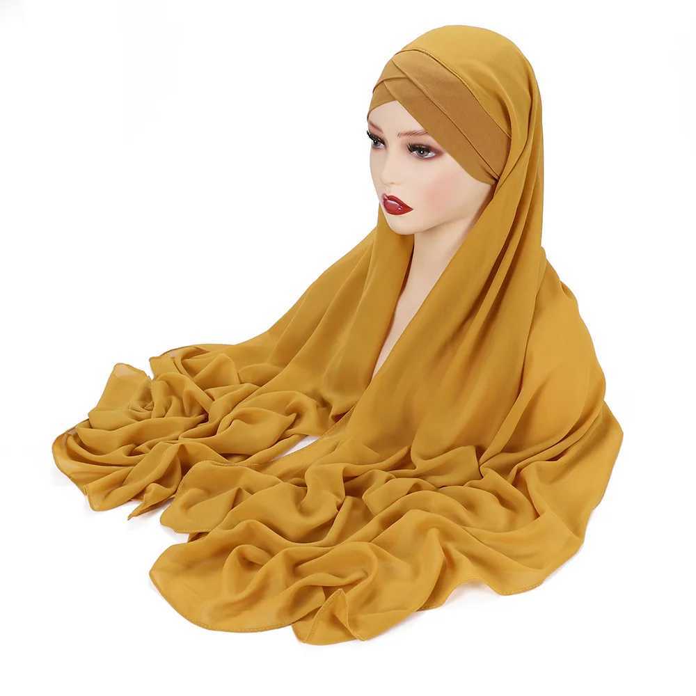 Instant Chiffon Headscarf with Cross Knitted Hat Brand Design Muslim Scarf Islamic Underwear 175X70CM X2503241