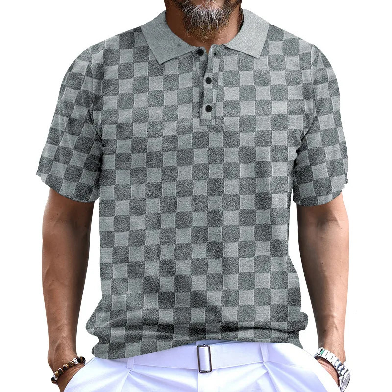 Mens short sleeved casual lapel polo shirt checkered Tshirt 250312