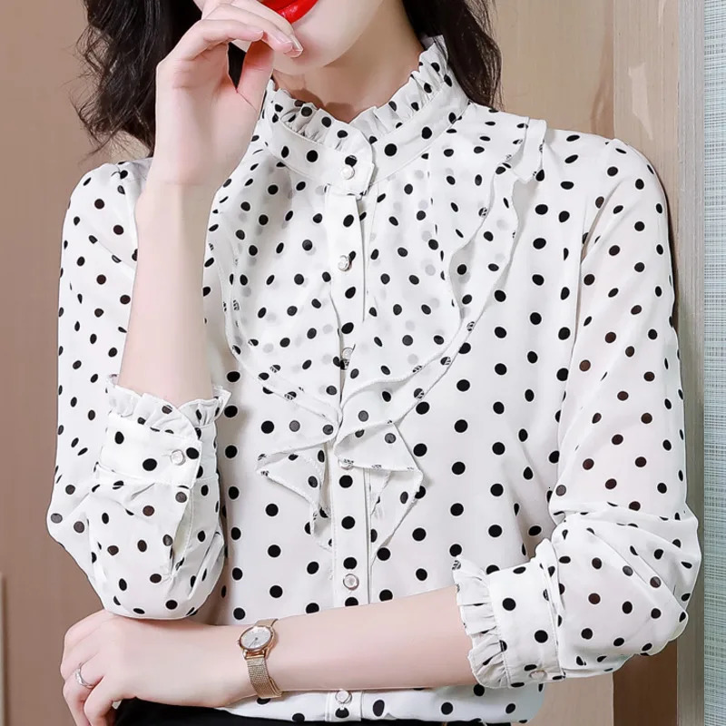 #2525 Polka Dot Printed Chiffon Shirt Women Ruffles Collar Office Shirt Long Sleeve Slim Spliced Ruffles Ladies Tops And Blouses 250318