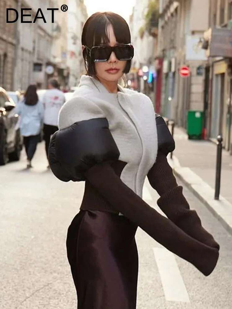 Fashion Women's Color Block Jackets Long Sleeve Zipper Collarless Slim Patchwork Short Coat Spring 2025 New