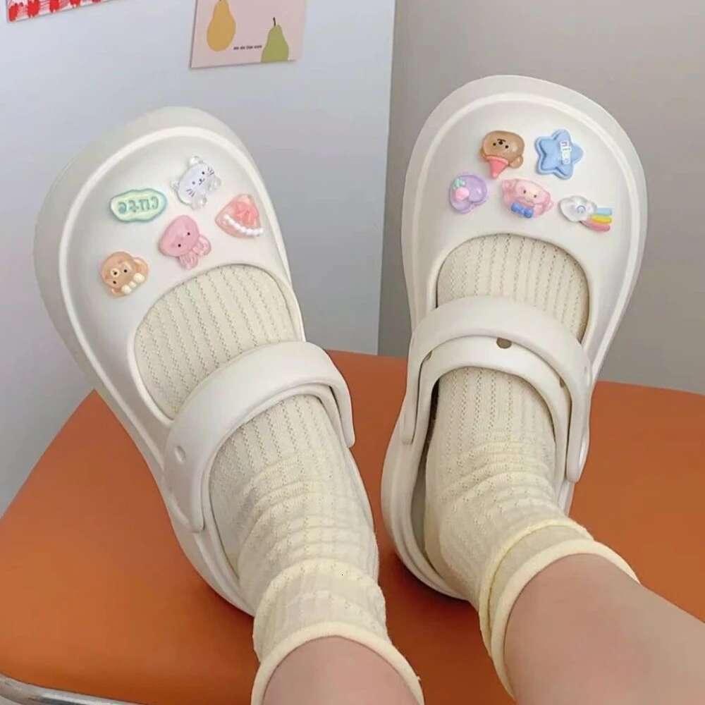 Summer New EVA Thick Mary Jane Perforated Shoes Women Wearing Elevated Soft Sole DIY Solid Color Two Wear Home Slippers