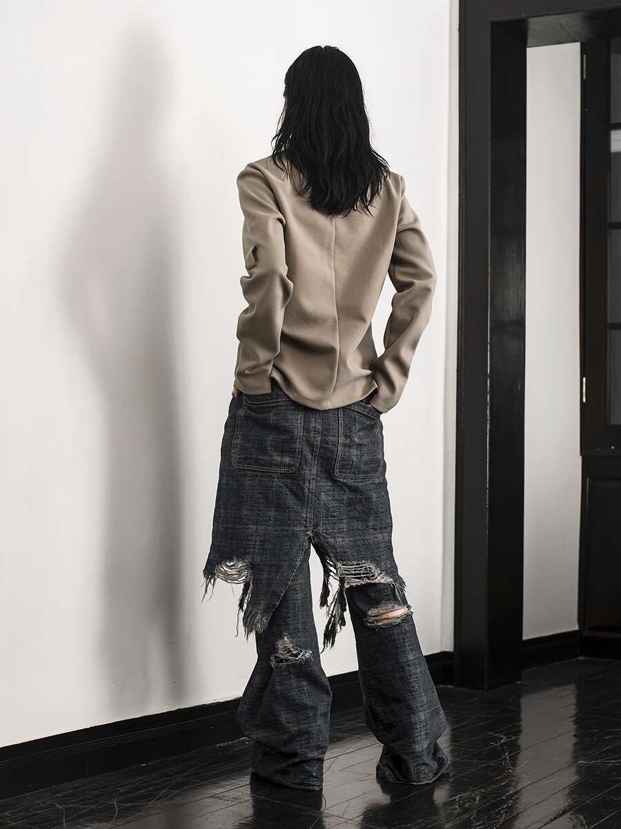 Reddachic Unisex Distressed Baggy Jeans Hip Hop Ripped Holes Wide Leg Raw Rdge Fake Two-Piece Pants Women Retro Y2k Streetwear