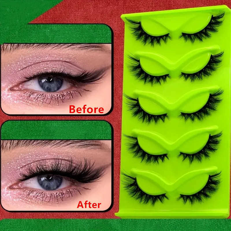Slant Flying 5 Pair Set Green Fox Eyes Cat Eyes False Eyelash Thick Curling Simulation Fox Eyelash W250324