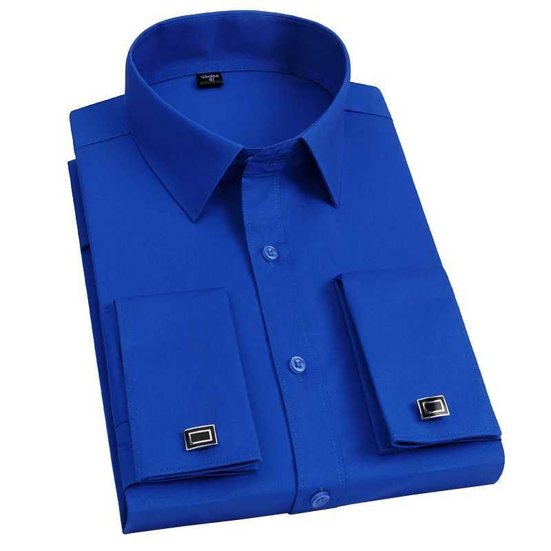 Mens slim fit French cufflinks shirt long sleeved double sleeved solid color high-end wedding dress casual mens clothing X250324
