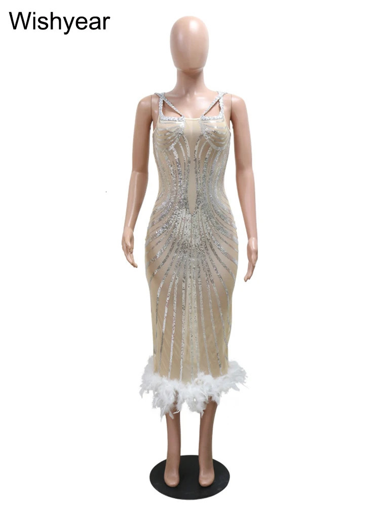 Sequined Feather Spaghetti Strap Birthday Bodycon Long Dress Woman Elegant Evening Sexy Wedding Guest Party Gowns Dresses 250320